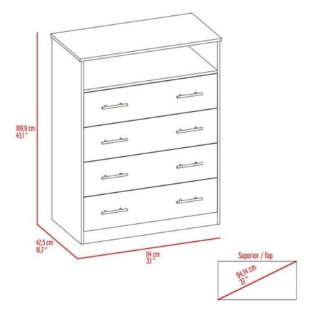 Tuhome Peru L Four Drawer Dresser, Superior Top, One Open Shelf, White CLB6744